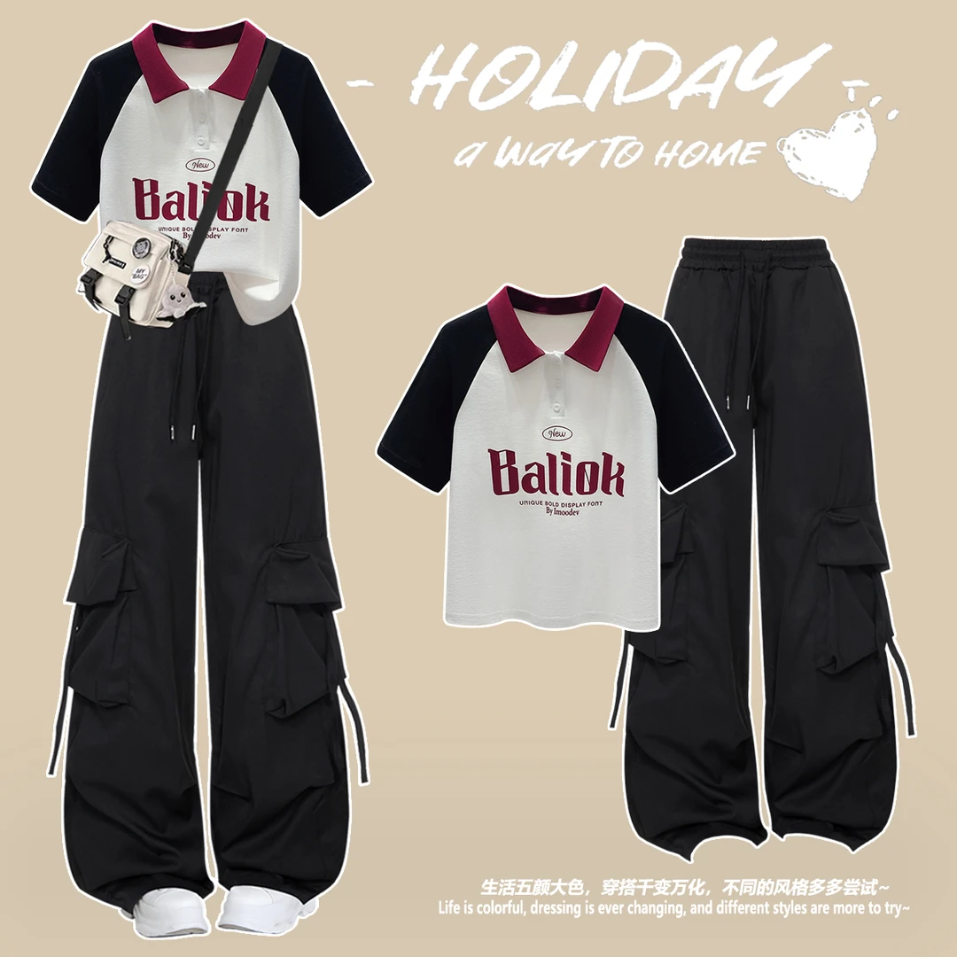 中大童套装夏季2025新款12-15岁Polo衫中学生短袖洋气运动工装裤