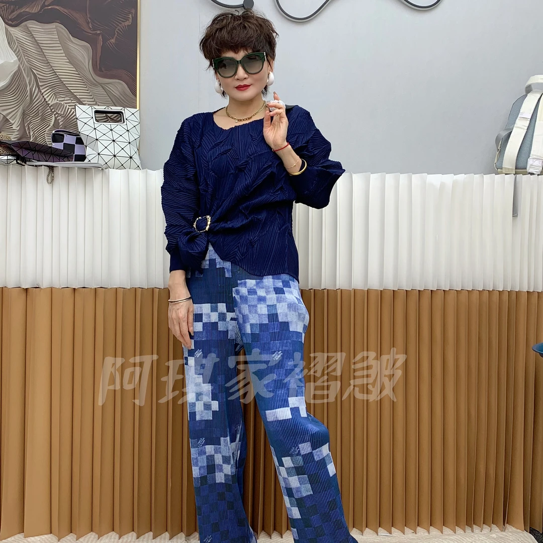 褶皱棋盘格长款印花直筒裤休闲裤长裤厚款女士裤子