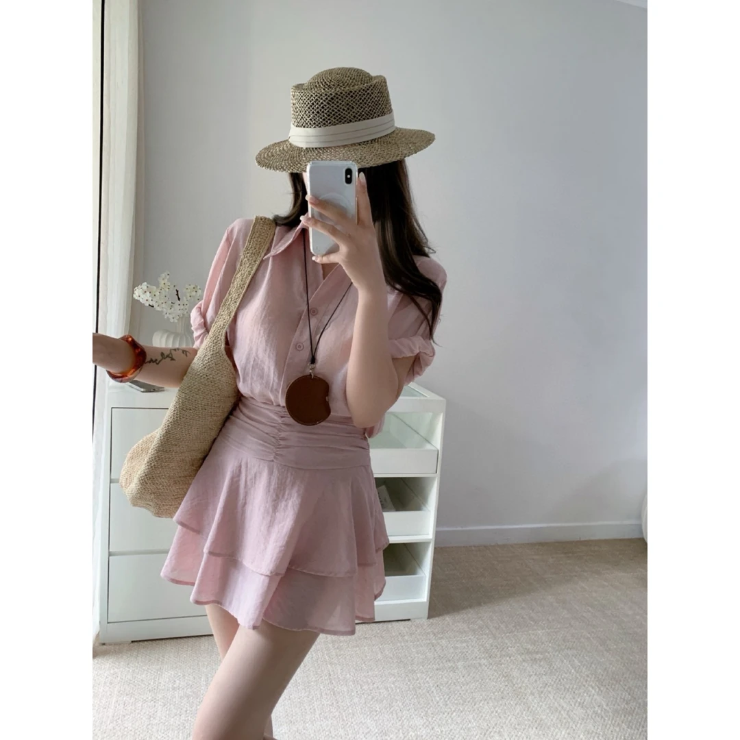 WNAZI【喜爱粉色】假日风粉色呼吸衬衫短裙套装