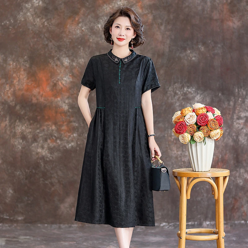 齐黛香云纱新中式连衣裙女2025新款中长款显瘦复古减龄妈妈真丝裙