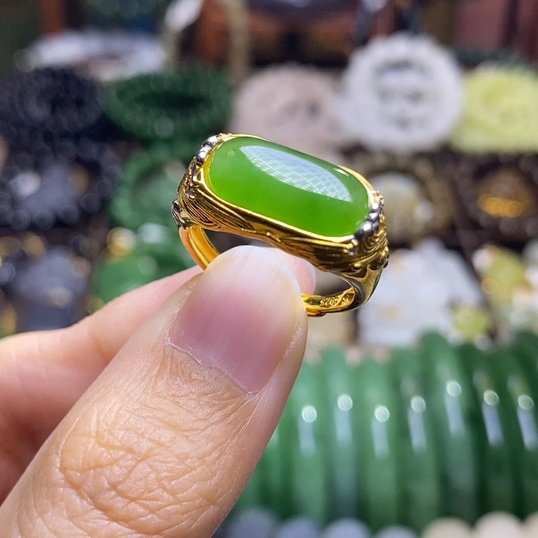 和田玉未镶嵌颈饰碧玉辣阳绿银镶戒指