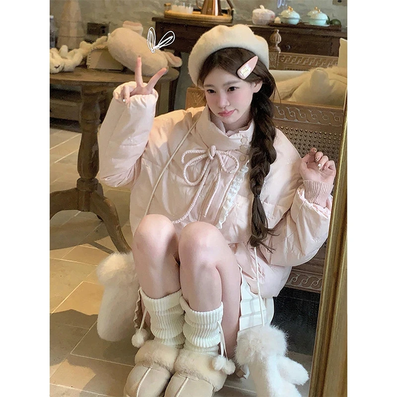 粉色甜美蕾丝拼接短款棉服外套女冬季新款高级感蝴蝶结系带短棉衣