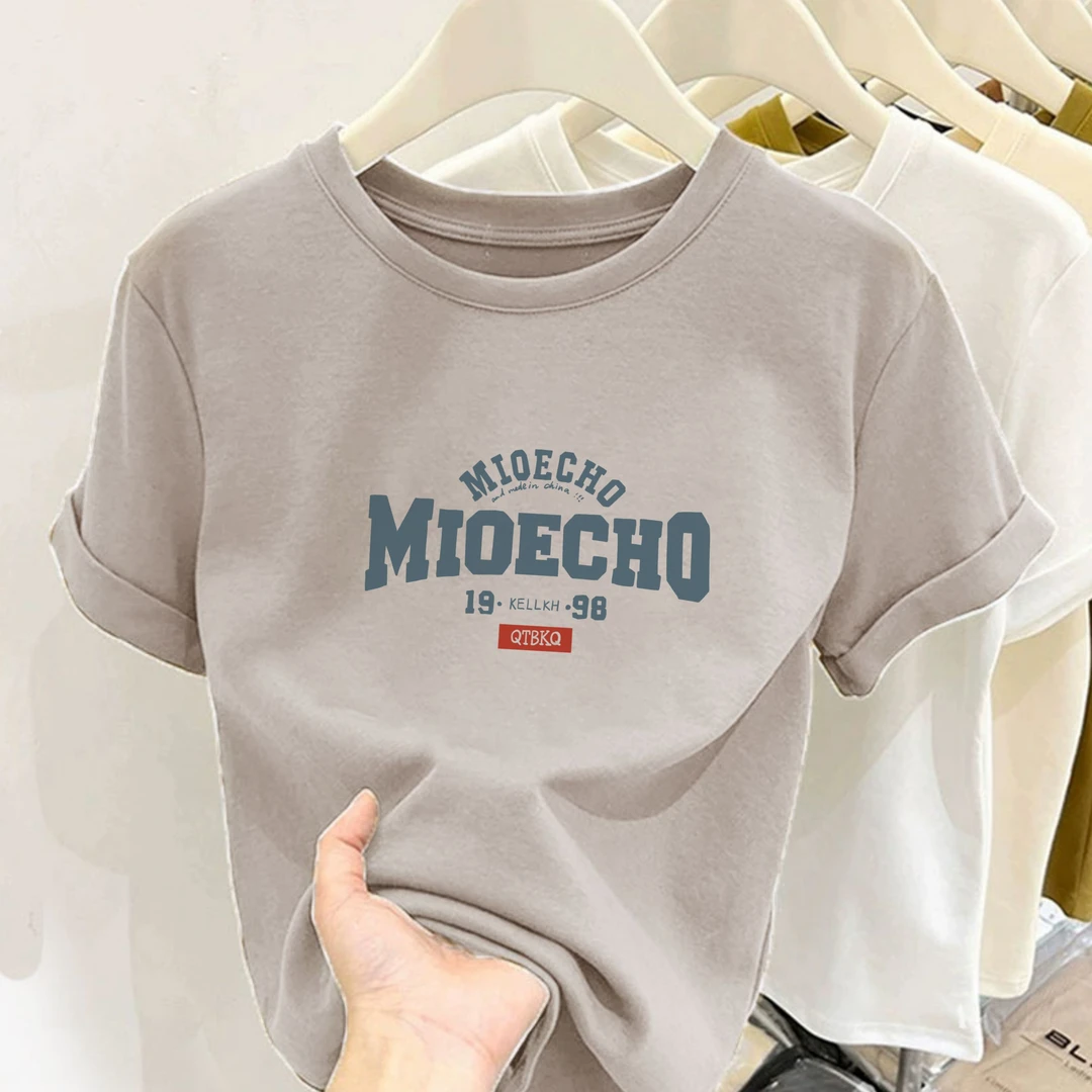 2025新款MIOECHO印花圆领短袖t恤女百搭修身显瘦半袖小个子上衣