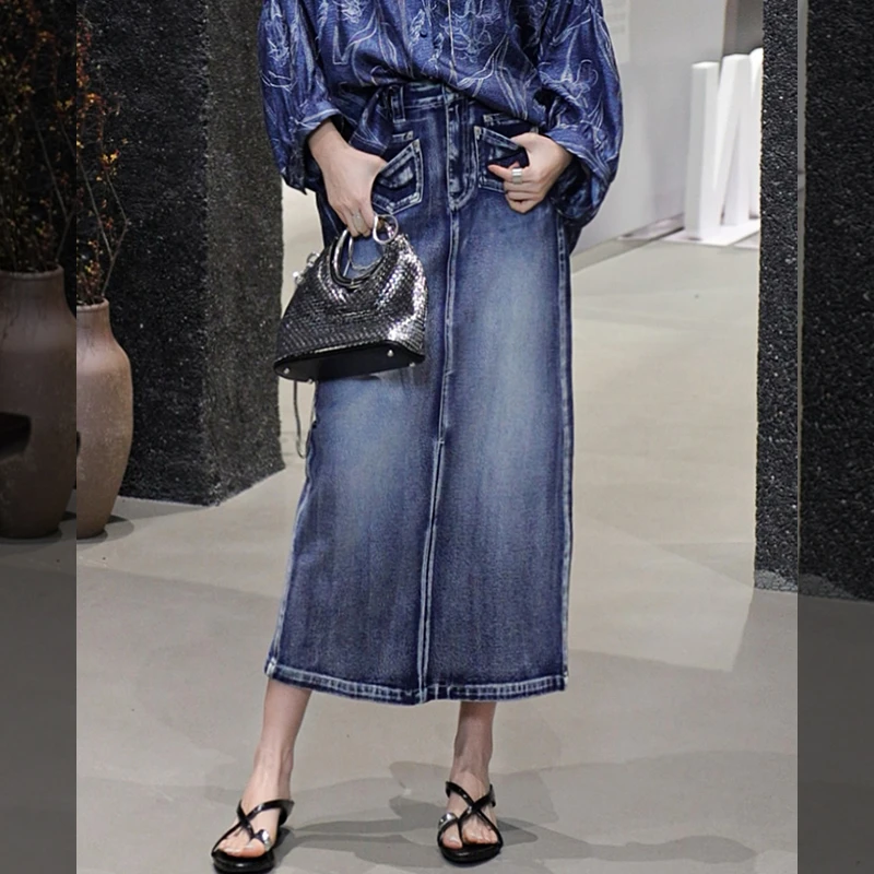 溶溶T【学院女高】RONG复古洗水高腰收胯修饰腿型牛仔半裙RR5565