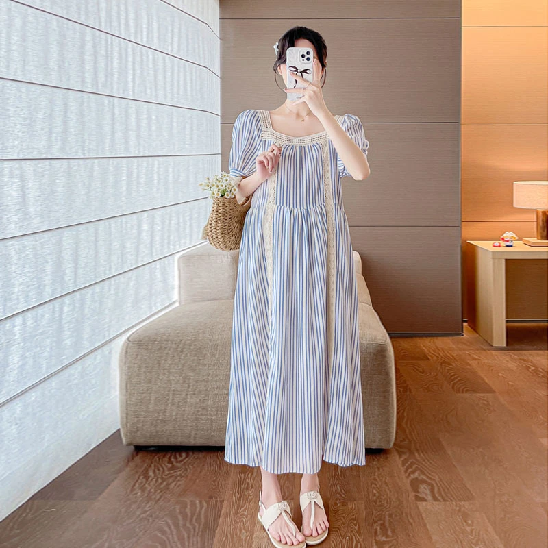 孕妇装2025夏季韩版休闲甜美宽松条纹拼接花边辣妈显瘦气质连衣裙