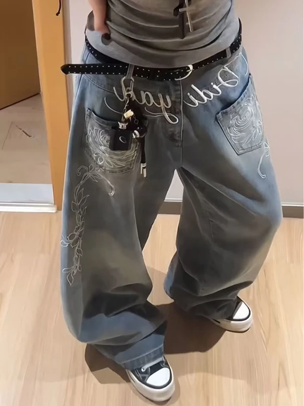 美式复古做旧牛仔裤女2025夏街头个性花朵刺绣阔腿长裤子ins风