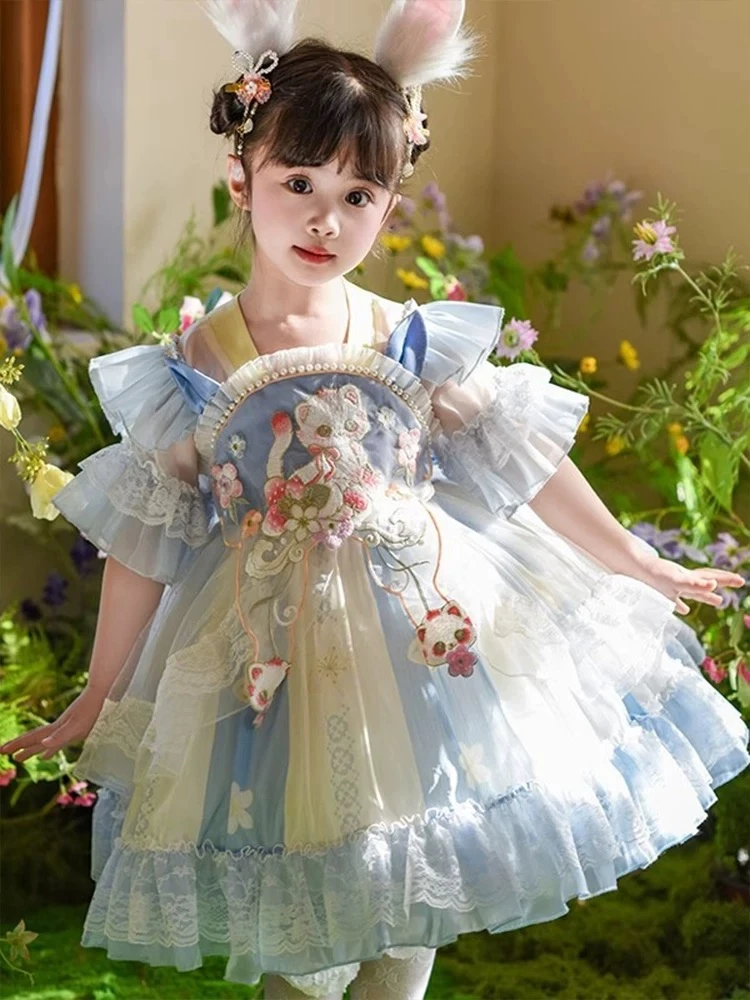 【抓钱猫2305】女童夏装新款汉服裙子夏季猫公主儿童古风连衣裙2528