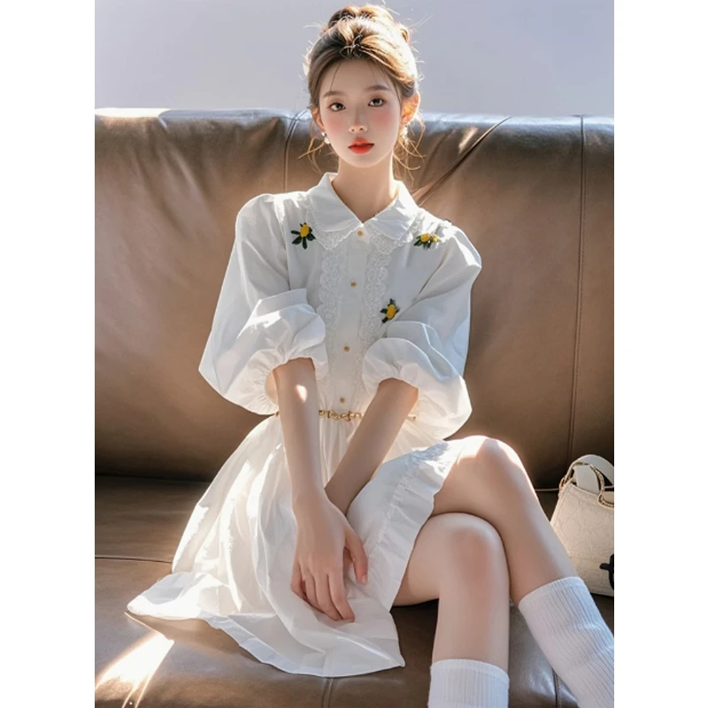 小个子气质减龄蕾丝刺绣衬衫连衣裙女装2025春夏新款甜美a字裙子