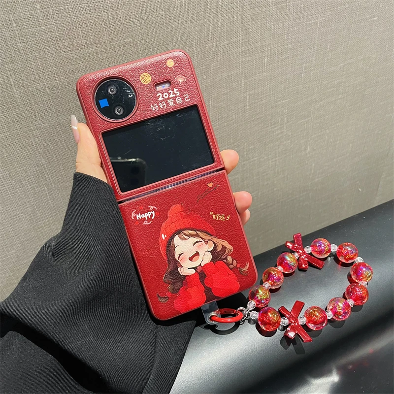 适用vivoxflip机壳新年款蛇年福狮红边小羊皮vivoxflip保护壳