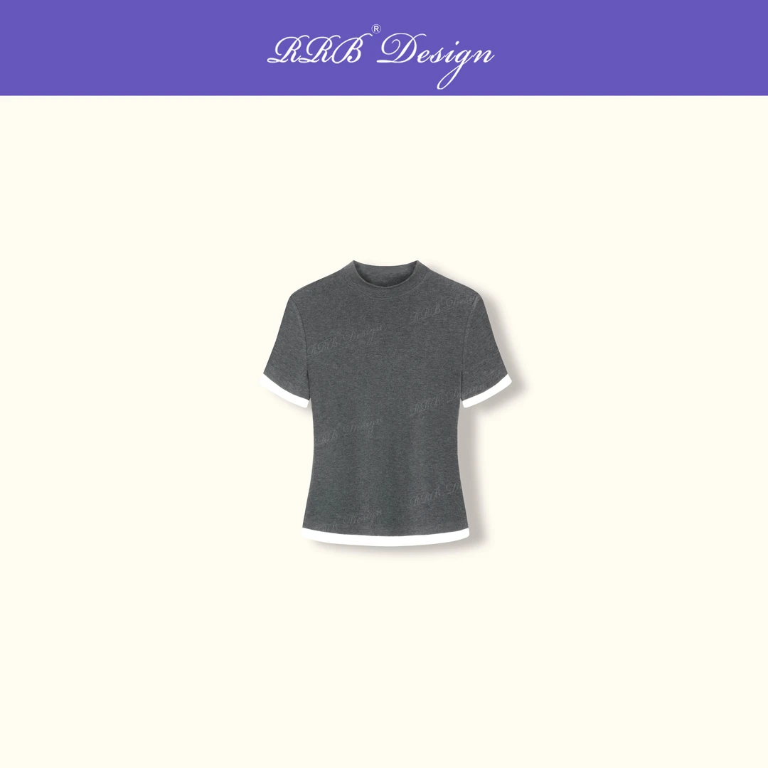 RRB Design 「姿态轻盈」新疆长绒棉定染假两件半高领修身短袖上衣