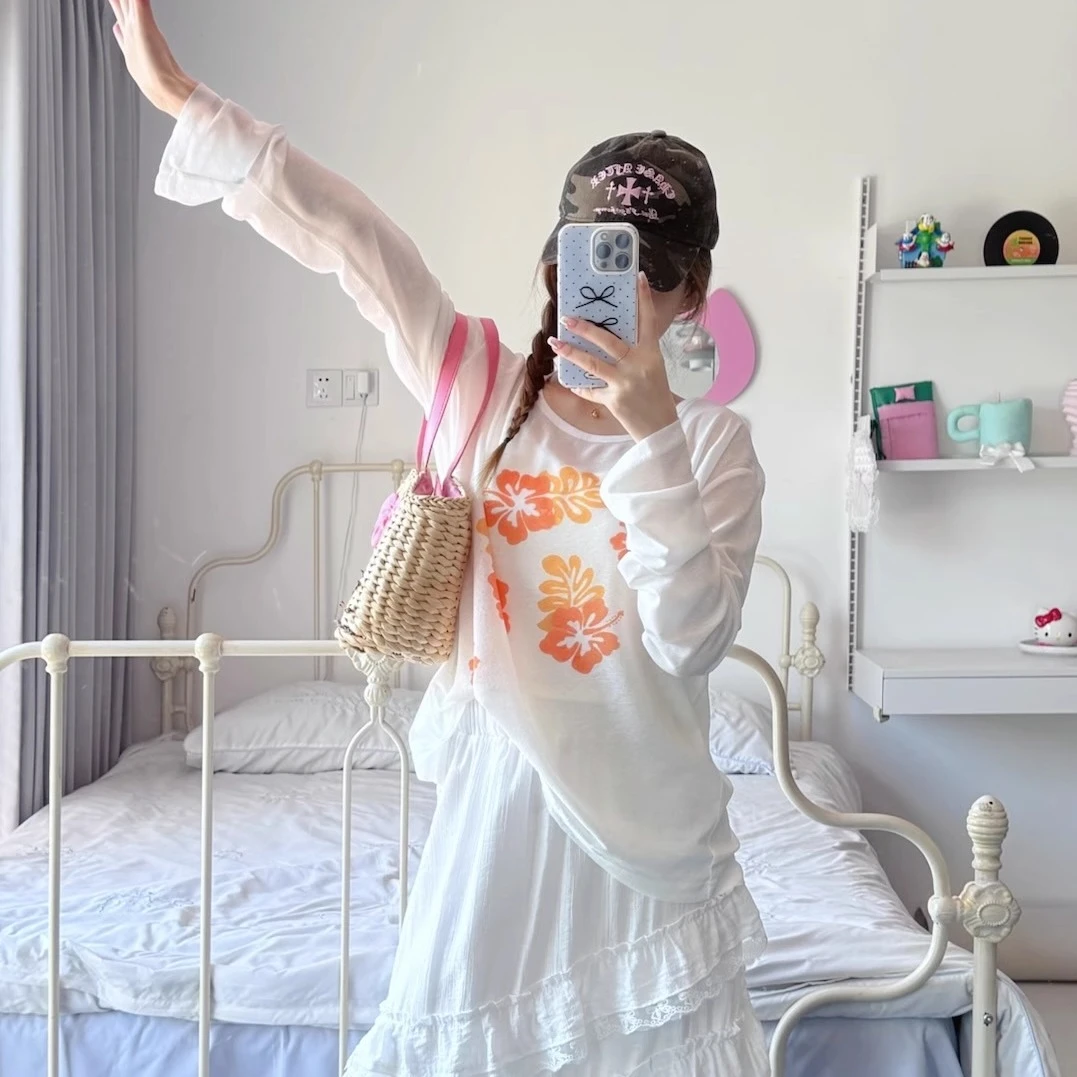 凡他姨【扶桑少女】夏日热情花朵印花罩衫宽松斜肩微透上衣女春夏
