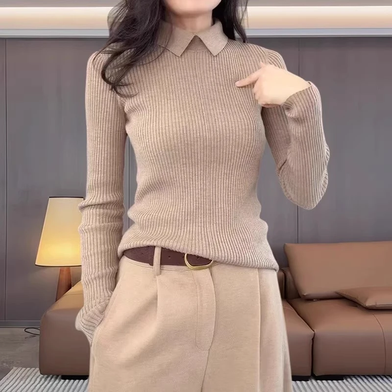 韩系气质翻领修身针织衫女秋冬新款胖MM大码女装时尚简约百搭上衣