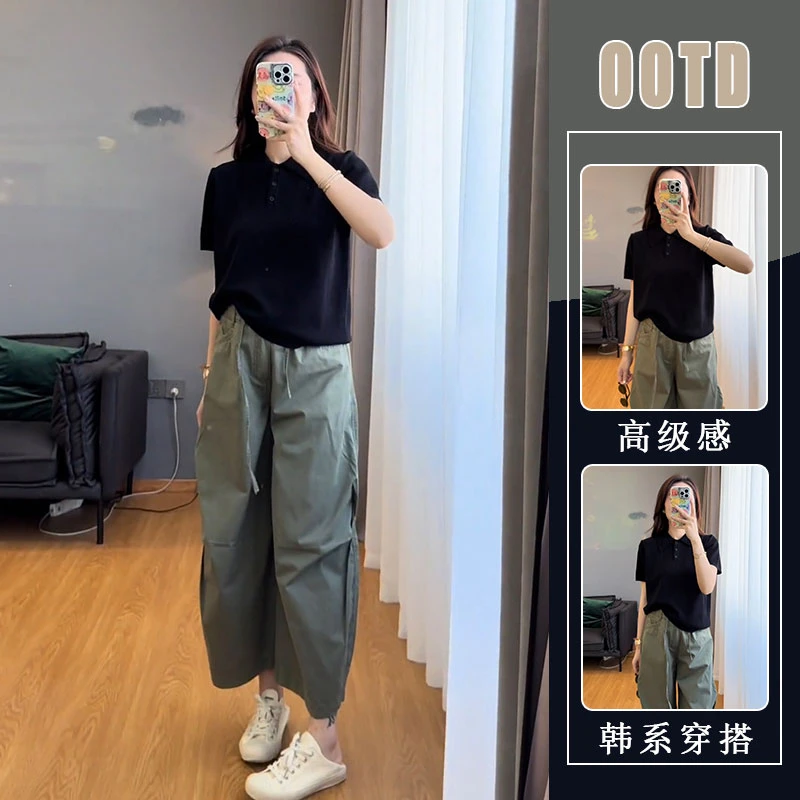 高级松弛感穿搭套装2025新款时尚polo领短袖T恤女休闲裤两件套
