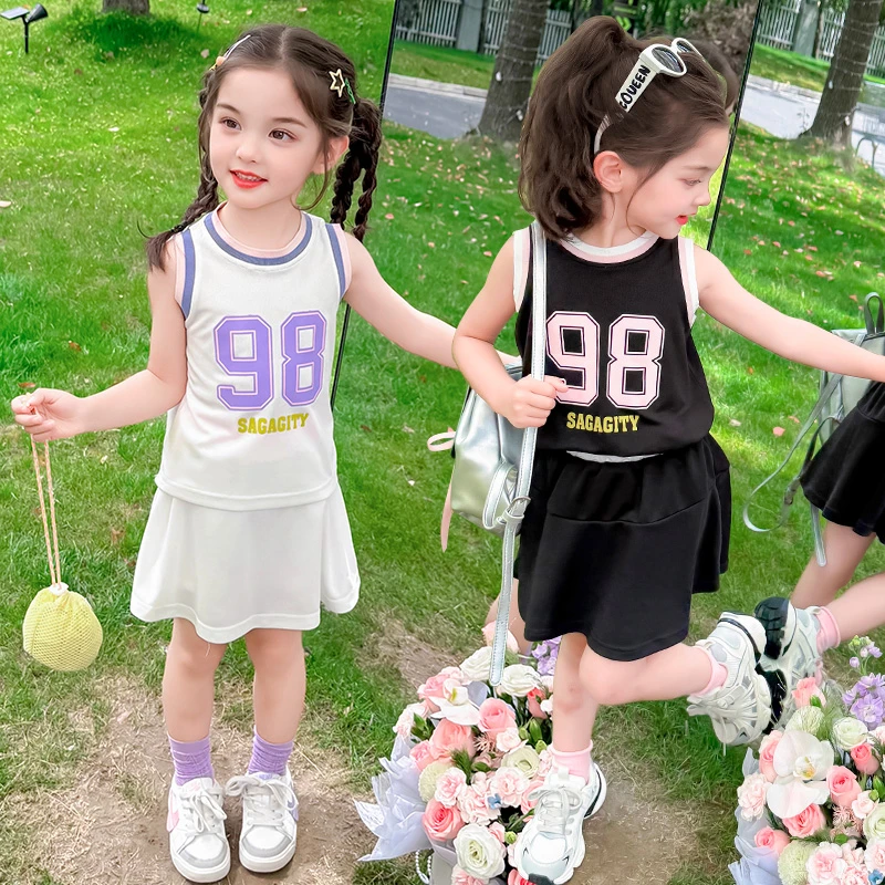 女童夏季篮球服套装2025新款儿童洋气无袖运动服女孩98号球服套裙