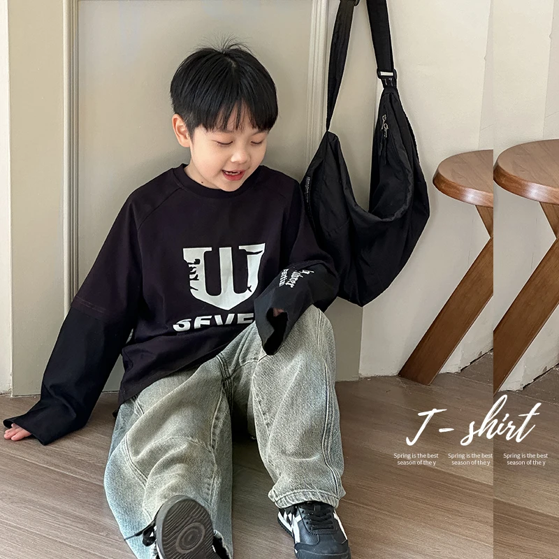 【现货】儿童紫色假两件2025新款韩版宽松休闲中大童圆领男童套头