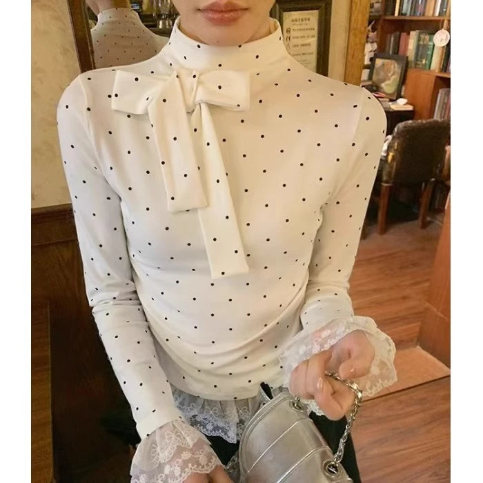 甜辣妹白色波点半高领打底衫女春秋外穿修身显瘦蕾丝花边内搭上衣