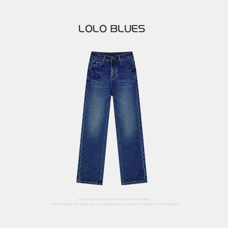 上新-马？拉.飞鸟刺绣直筒裤垂感牛仔裤遮肉显瘦百搭-法棍50172