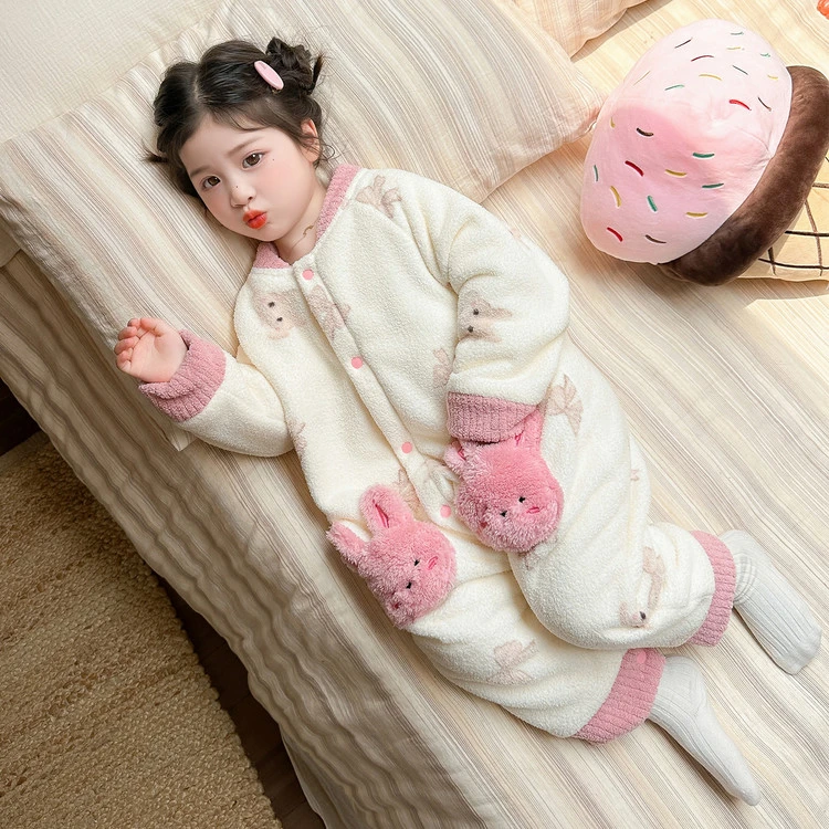 宝宝法兰绒连体睡衣冬季女童双层加绒加厚保暖睡袋女孩长款防踢被