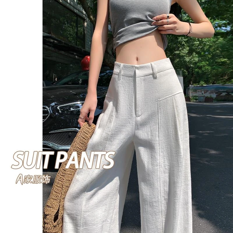 白色亚麻阔腿裤子女夏季薄款高腰休闲宽松bf慵懒风网红款麻裤长裤