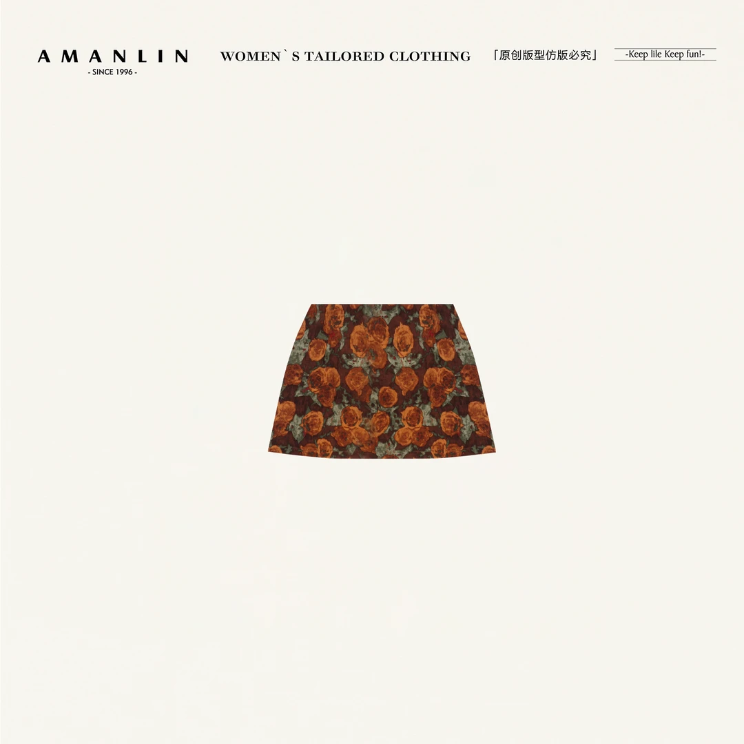AMANLIN/阿谩琳琥珀流光复古印花玫瑰a字修身高腰时尚半裙D601571
