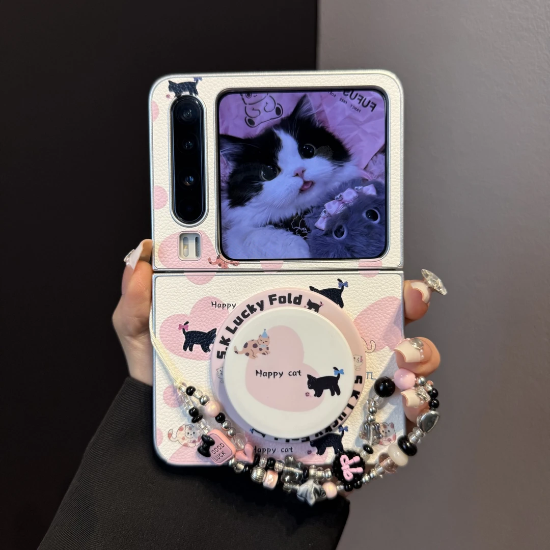 适用华为purax折叠屏手机壳粉色皮质pocket2爱心猫咪狗狗磁吸支架