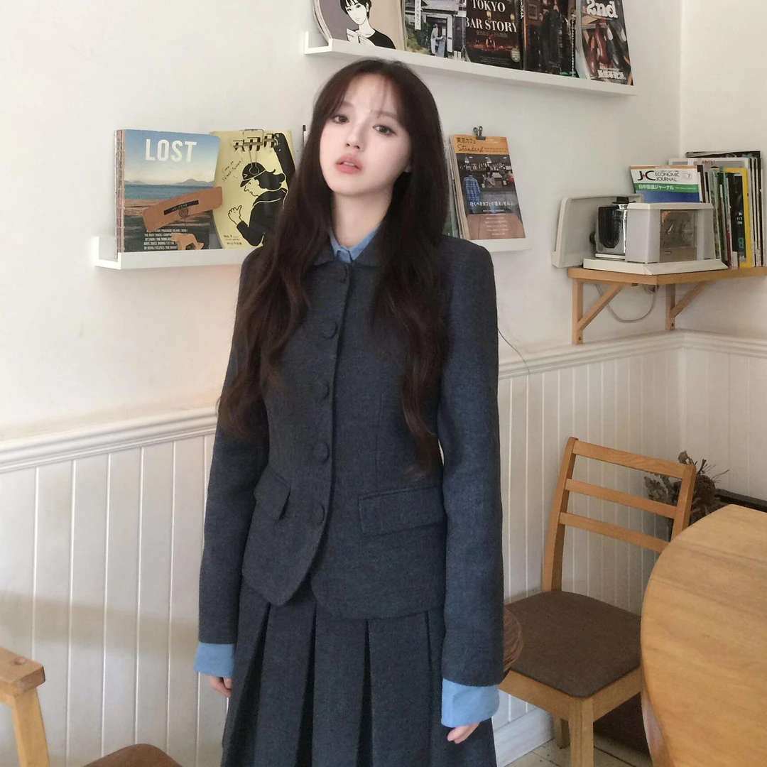 韩系学院风灰色西装套装裙子女秋冬季2025新款小个子巨好看一整套