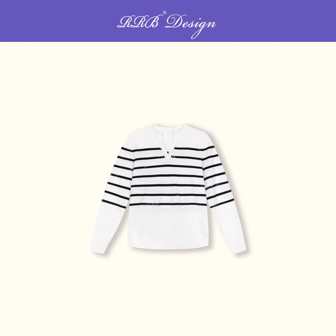 RRB Design 「海魂衫」定制进口纱线宽松显瘦百搭条纹V领长袖上衣