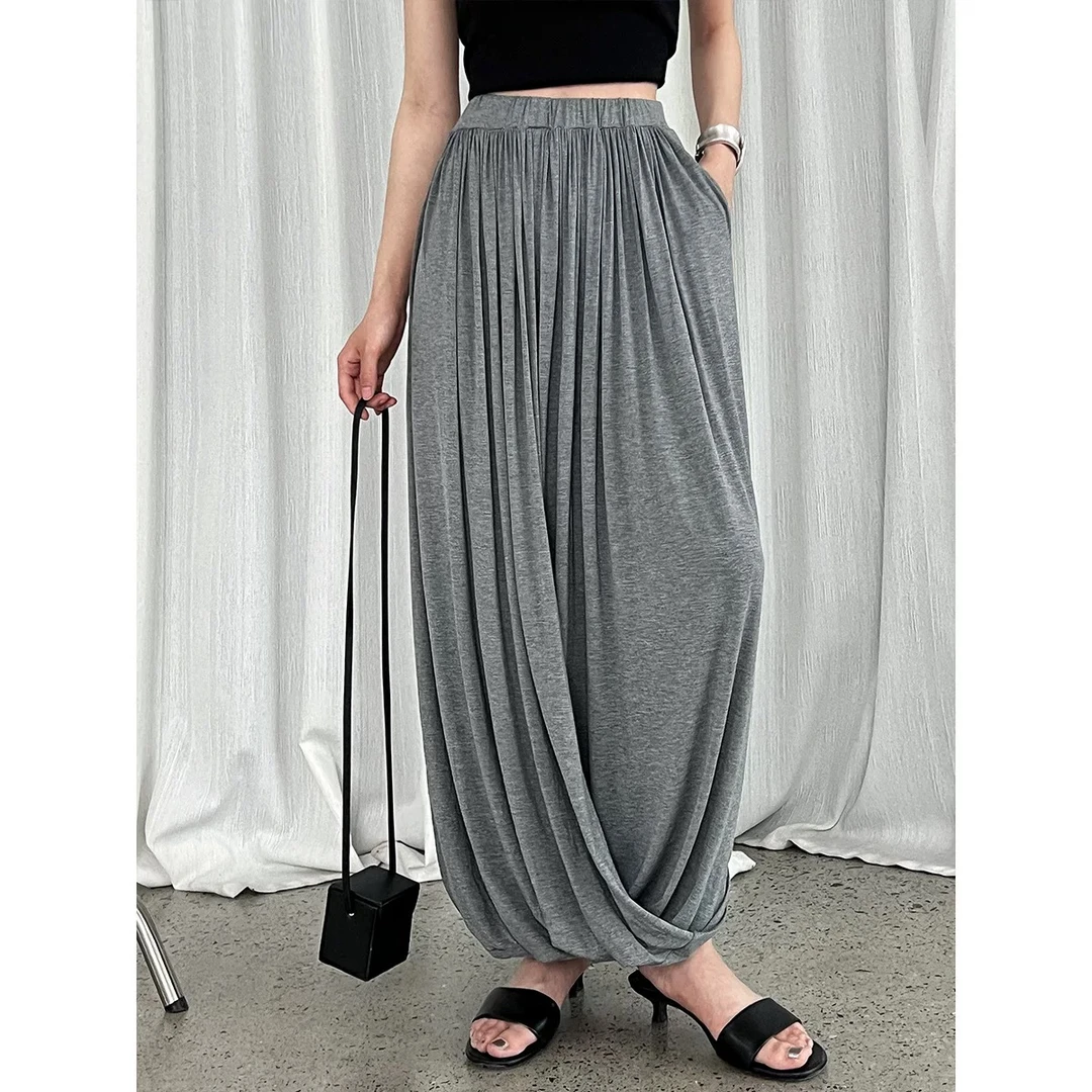 夏季新款高腰打褶兰精莫代尔扭结设计感针织半身裙女显瘦