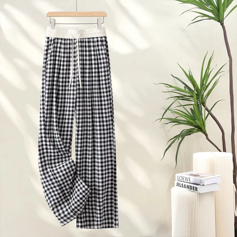 慵懒风黑色格子裤女春秋2025新款时尚高腰垂感宽松阔腿休闲直筒裤