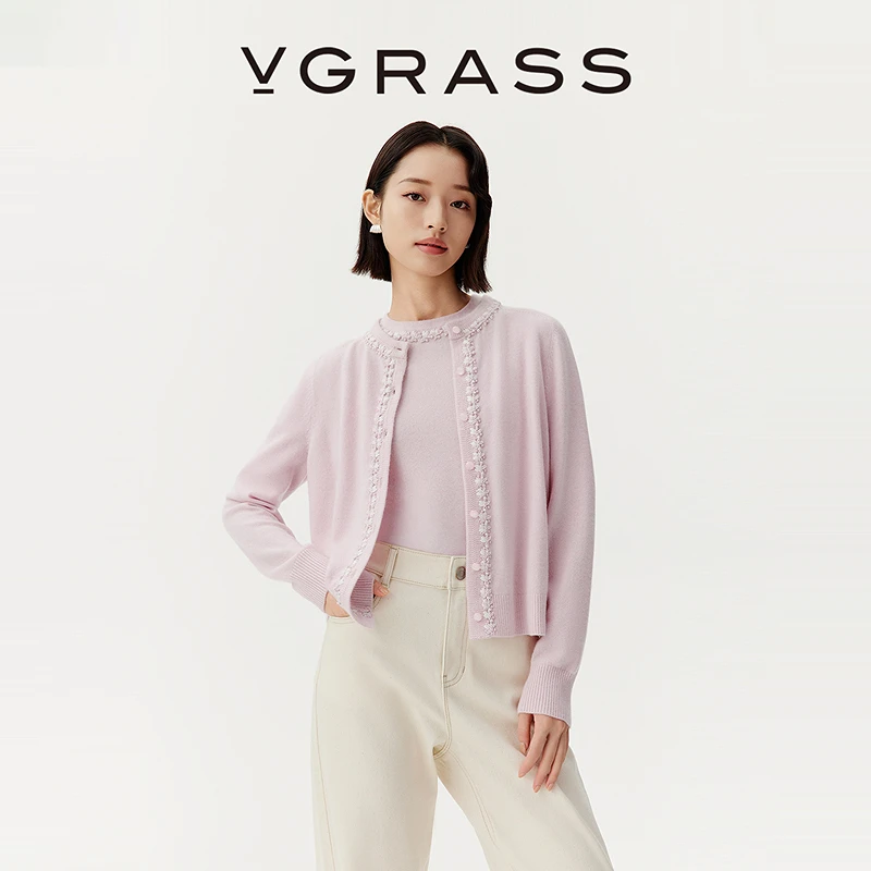 VGRASS立体手绣叠珠绣针织衫25早秋新款白中白羊绒开衫VZO2Q3782E