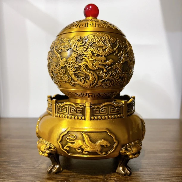 T【纯黄铜乾坤五龙运转炉】高端香炉摆件五龙运转鼎香炉桌面摆件
