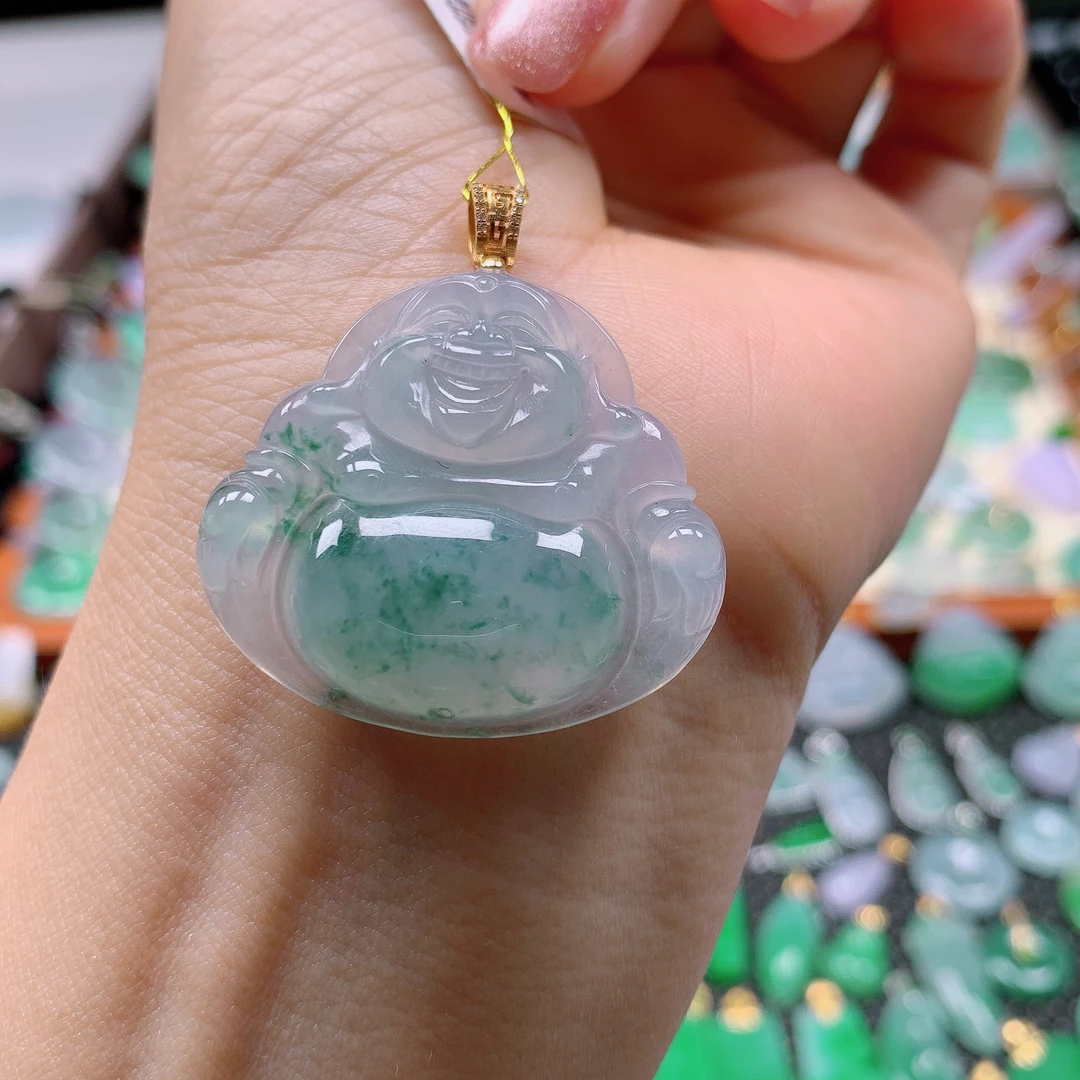 缅甸天然A货翡翠，冰飘花佛公，编号13 /812，尺寸30.5-34.3-5.8