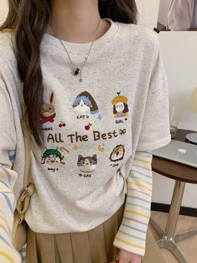 25东大门韩版假两件卫衣彩虹袖猫咪刺绣圆领宽松百搭设计感617