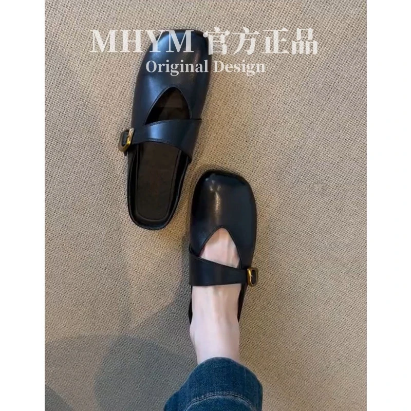 MH官方真皮法式复古小众包头半拖鞋女百搭新款外穿厚底穆勒凉拖