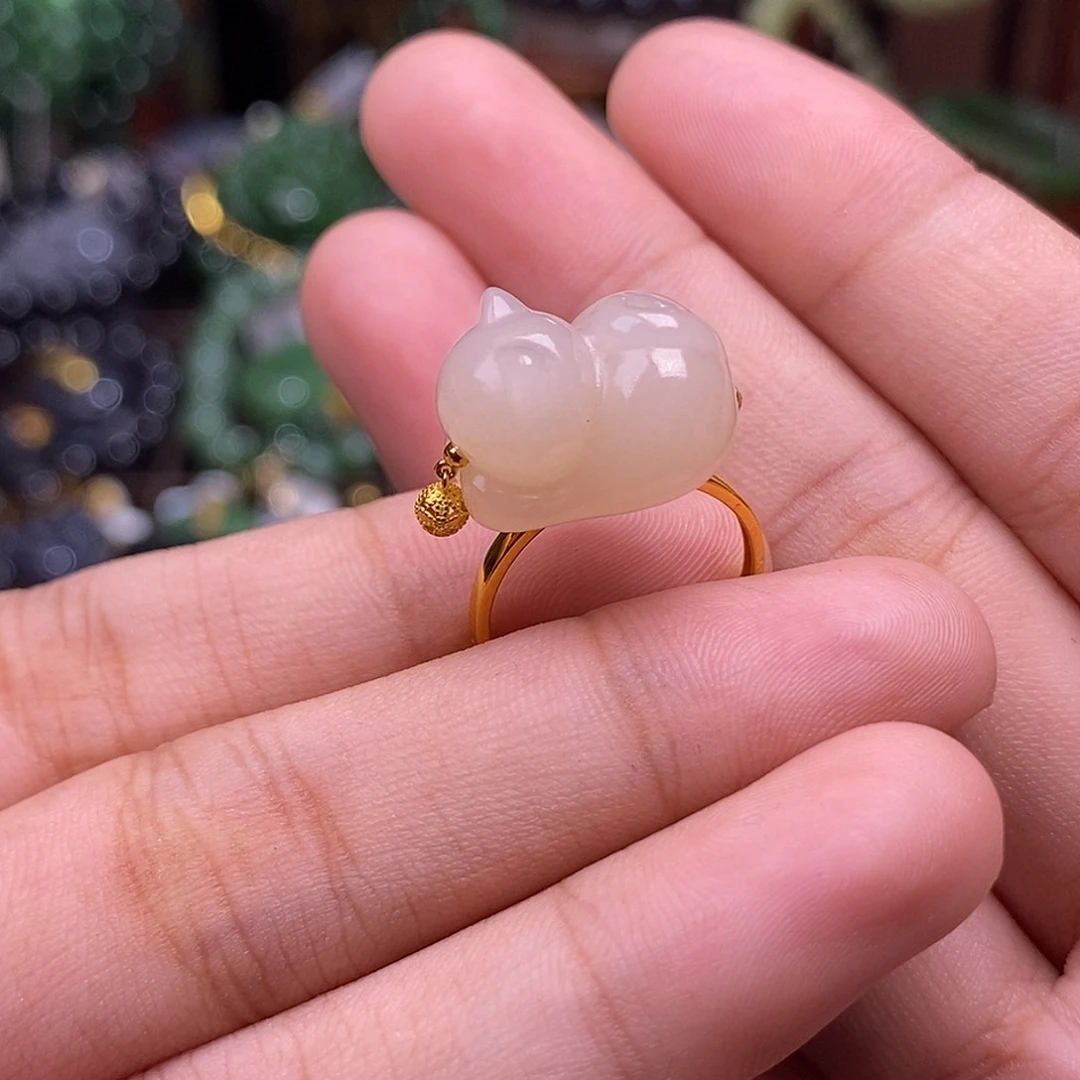 和田玉未镶嵌颈饰熟藕粉红粉趴趴猫戒指金镶