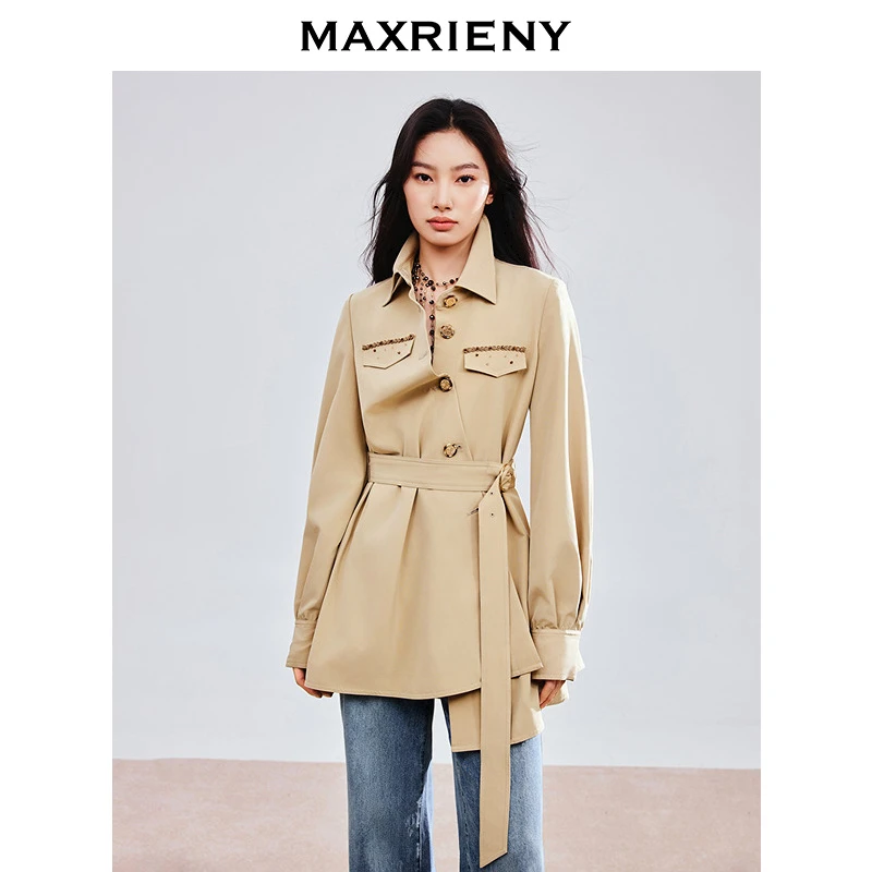 【蜜思仝】MAXRIENY风衣女2025春季新款圆形日字扣率性风收腰外套