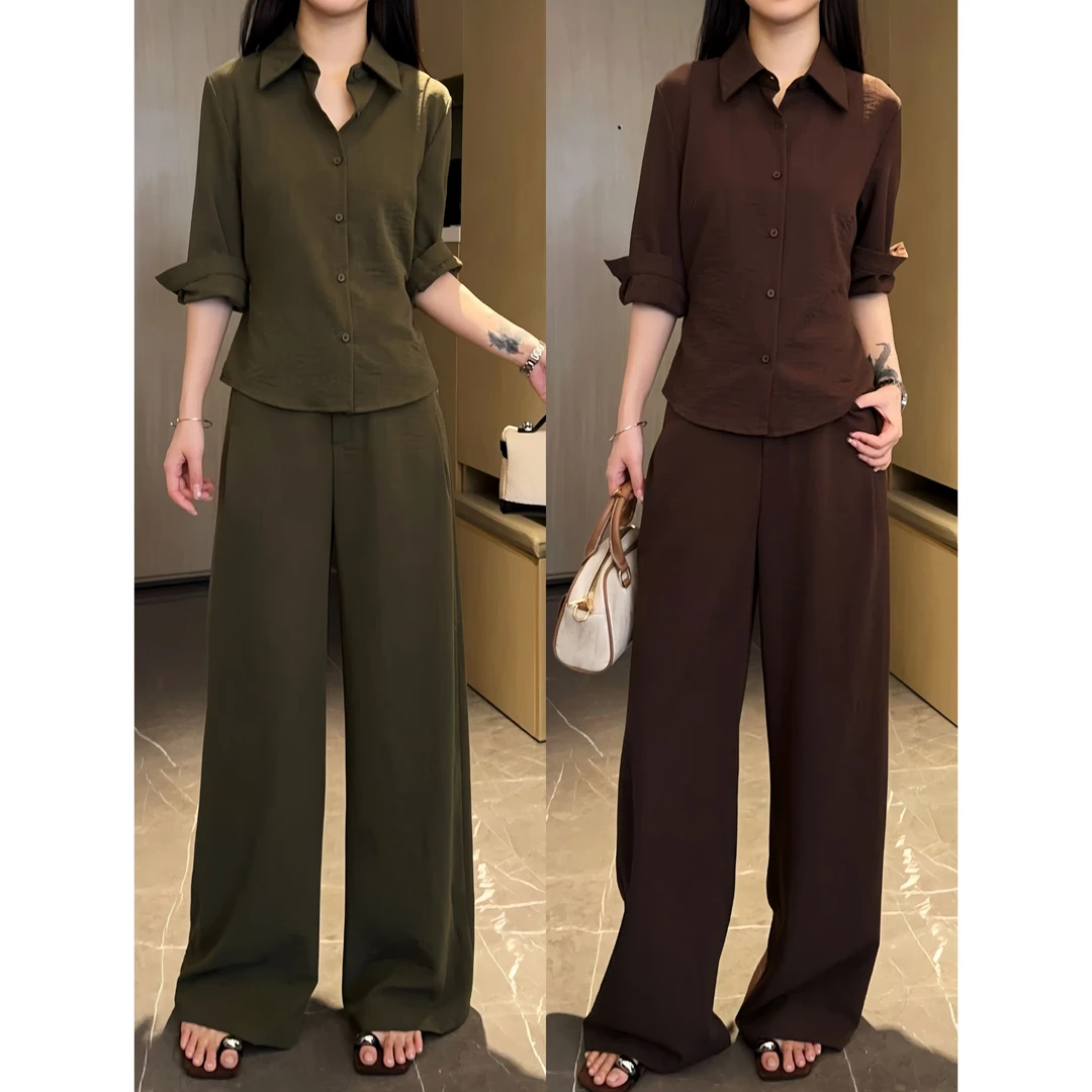 老钱风时尚套装女慵懒宽松中袖翻领衬衫显瘦阔腿裤休闲减龄两件套