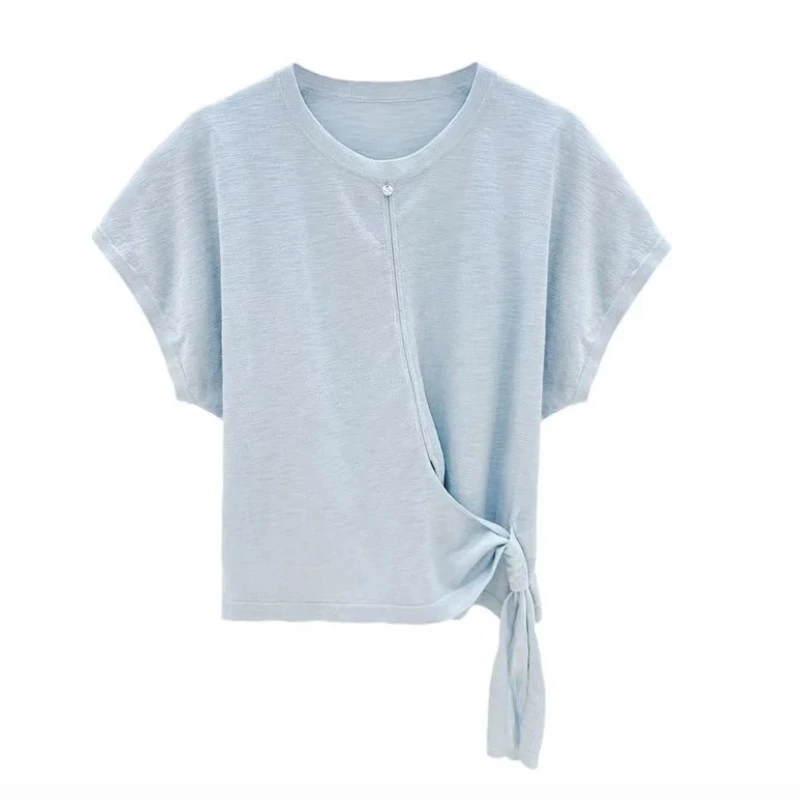 卡莲格/圆领绑带交叉显瘦短袖T恤女夏季胖mm时尚百搭洋气休闲上衣