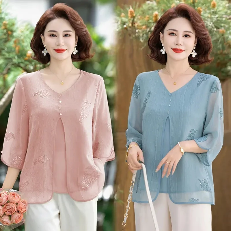 母亲节中年妈妈夏装中袖T恤上衣中老年女夏季洋气假两件小衫新款