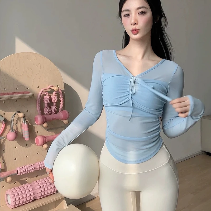 假两件网纱运动t恤修身秋冬跑步健身带胸垫长袖瑜伽服欧若风性感