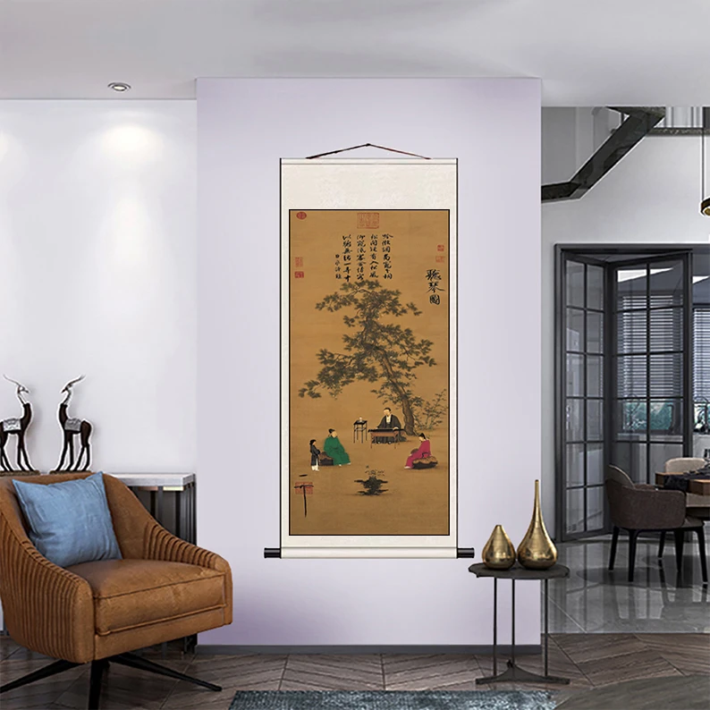 《听琴图》180*60CM 竖幅 全卷绢本鎏金通背打底 现代国风装饰挂画