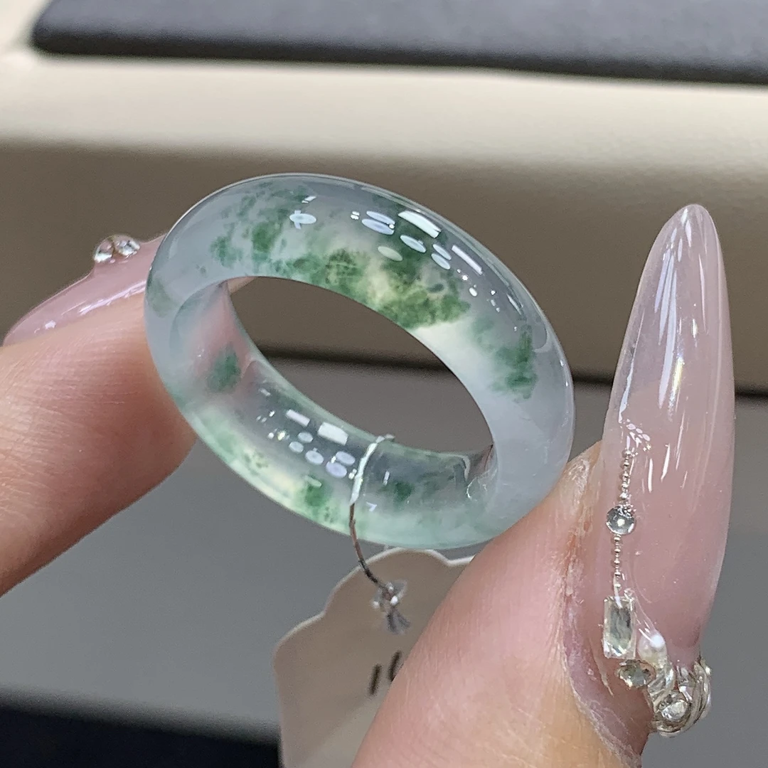 14圈 缅甸天然翡翠 高冰玻白月光飘绿花翡翠戒圈尺寸17.2-6.5-3.9