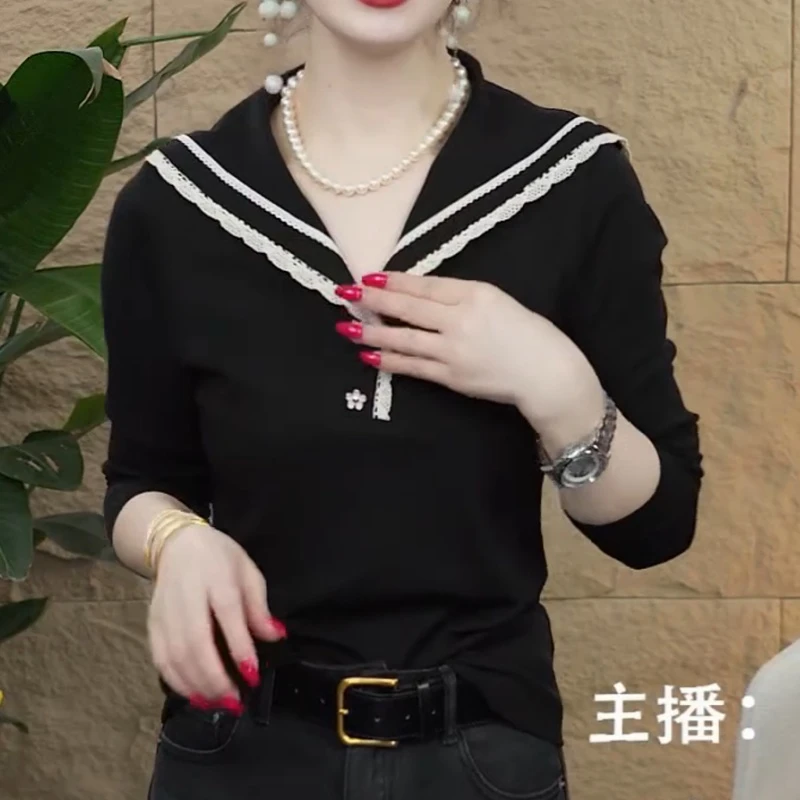 新款时尚早秋领海军长袖T恤修身百搭上衣LK2506310