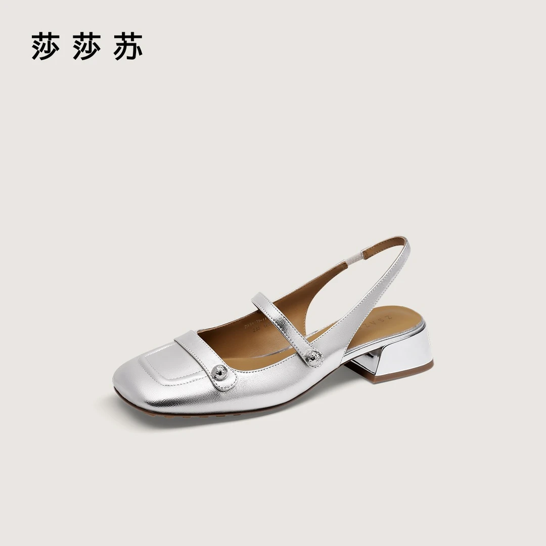 小金珠莎莎苏夏粗跟百搭包头鞋玛丽珍女鞋法式后空凉鞋ZA64139-10