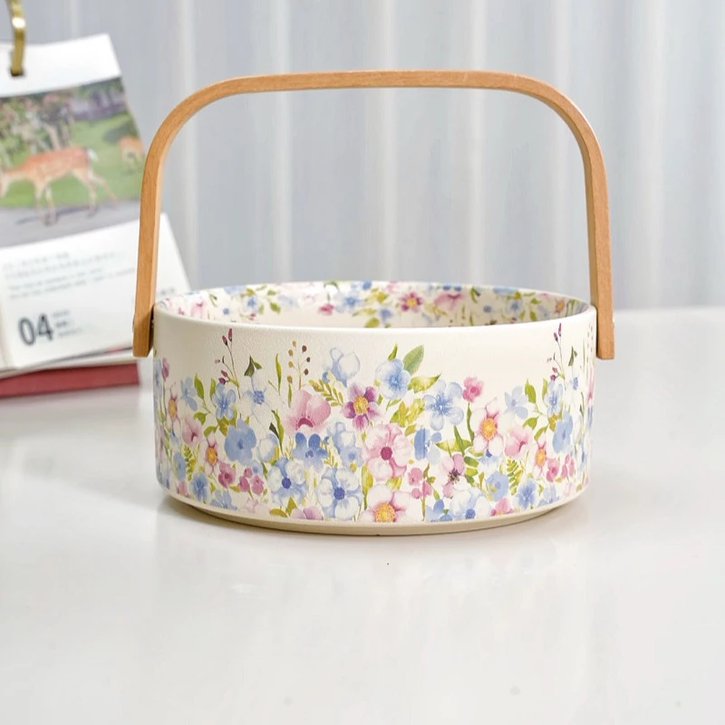 【朵雅丽】兰花系列创意手提果篮水果碗沙拉碗釉中彩陶瓷手提果篮