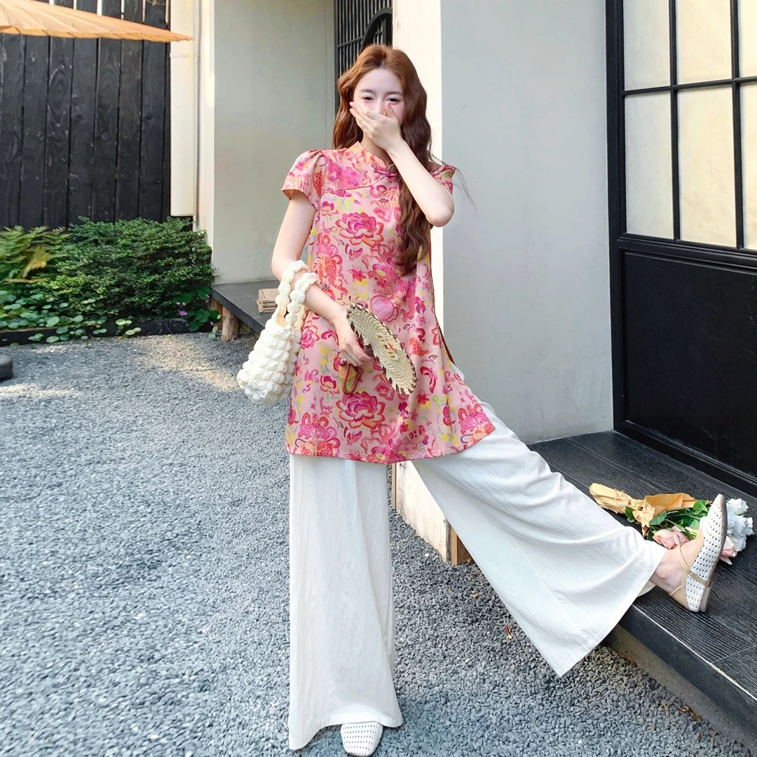 新中式时尚中国风旗袍套装女锦鲤印花上衣+潮流阔腿裤两件套复古