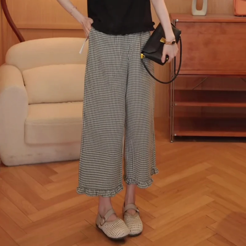 韩版高腰显瘦阔腿休闲裤2025年夏季新款洋气减龄时髦格子直筒长裤