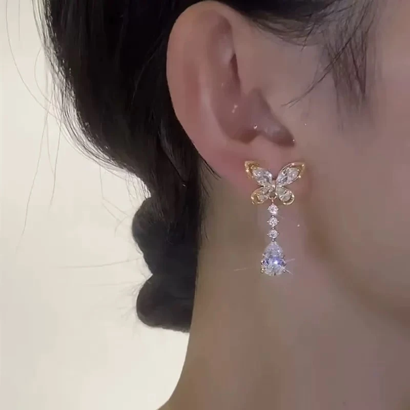 铜合金亚克力耳饰 蝴蝶水滴锆石高级感轻奢风耳坠N2392