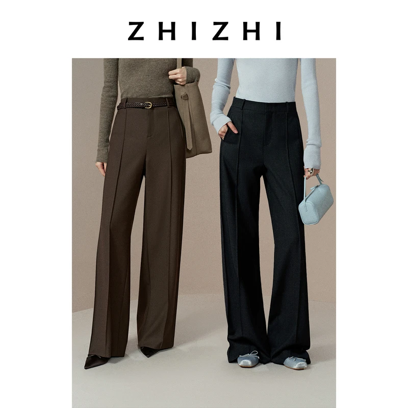 致知 竹马儿 羊毛挺阔垂感高腰直筒休闲裤25冬季ZZ2EWWKZ124