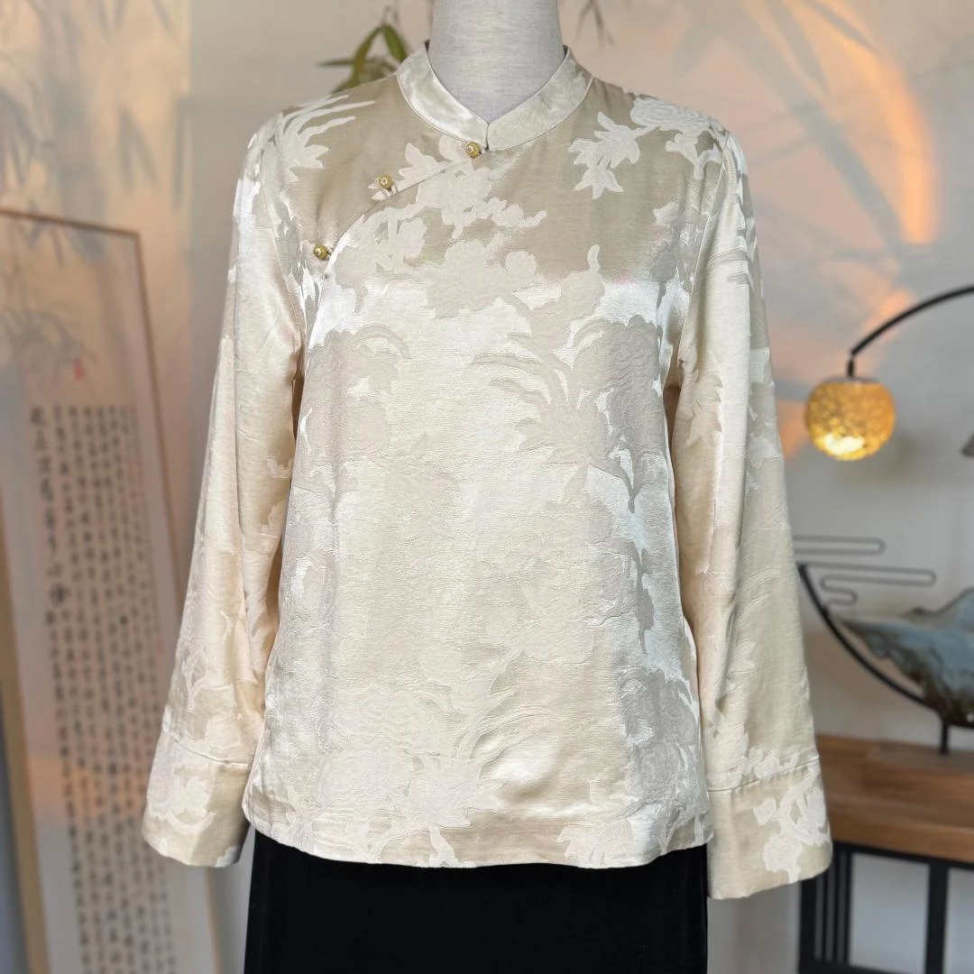 【静仪】秋冬国风打底提花衫浮雕提花长袖衬衣气质立领斜襟内搭